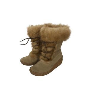 VTG Brilliant Winter Snow Boots Leather Fuax Fur Lining Wedge Womens Size 7M